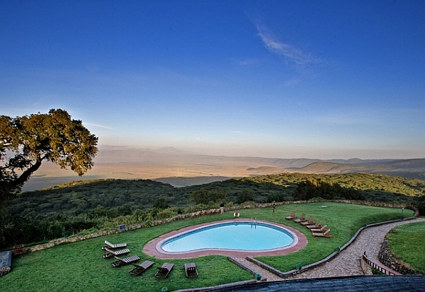 Ngorongoro Sopa Lodge pool view over Ngorongoro Crater